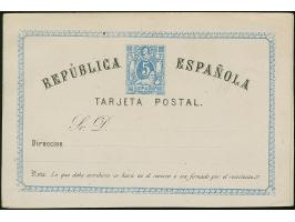 1873, Postal stationery card ‘TARGETA’ 5 c. blue with shifted black print into stamp and ‘TARJETA’ 5 c. blue printed on light