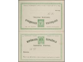 1873, Three Postal stationery cards ‘TARGETA’ 5+5 c. green and ‘TARJETA’ 5+5 c. green, plus 5 c. blue, all unused, tiny paper
