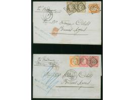 1874/75, Two envelopes to Argentina, Ceres 30 c. brown and 80 c. carmine on rose, each thick numerals, pairs in combination w