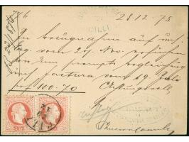 1875, Ganzsachenkarte 2 Kr. gelb mit waagrechtem Paar 5 Kr. karmin, rückseitige Zusatzfrankatur, als Einschreibe-Karte aus CI
