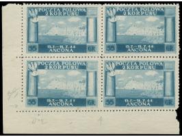 1946, ‘Polish Victories in Italy’, 55 g. blue, block of four, issue on thin paper, without gum as issued, variety ‘missing pe