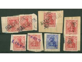 1916/19, Germania 10 Pfg auf drei kleinen Briefstücken mit Telegrammstempel L1 BIALYSTOK, dazu drei Briefstücke mit Stempel L