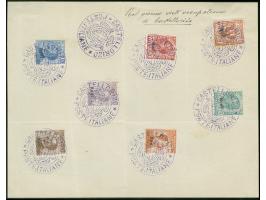 1921, “Rodi” overprinted seven values up to 50 c. dull violet on sheet, all tied by violet coat of arms in circle ‘CASTELLORI