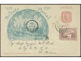 1898, Portuguese Africa 10 r. rose illustrated card, Igreja dos Jeronymos, up-rated with 1898 10 r. violet mailed from S. Vic
