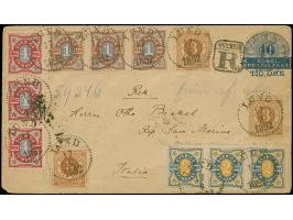 1886, 3 ö. yellowish-brown and orange-brown (two different shades), with 1892 1 ö. brown/blue, 2 ö. blue/yellow and 4 ö. carm