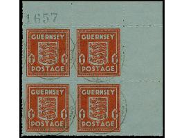 1942, Wappen ½ P. grün und 1 P. dunkelrot graublauem Papier, jeweils im Viererblock aus der rechten oberen Bogenecke mit Boge