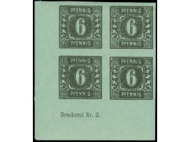1945, 6 Pfg. auf hellbläulichgrün im Viererblock aus der linken unteren Bogenecke mit Druckerzeichen "Druckerei Nr. 2.", Die 
