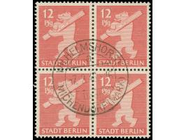 Berliner Bär 12 Pfg. mit Plattenfehler 'retuschierte Fußbinde', innerhalb eines Viererblocks, zentrisch und sauber gestempelt