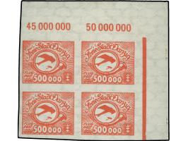 1923, Flugpost 500.000 M., Ungezähnter Viererblock aus der rechten oberen Bogenecke, Marken postfrisch, im Rand Falzspuren.