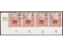 1954, Fünfjahresplan Neudruck 20 auf 24 Pfg. Buchdruck, &nbsp;Viererstreifen aus der linken unteren Bogenecke, unten und gezä