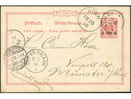 1896, LINDI 4.2.96 auf Ganzsache 10 Pfennig "Krone/Adler" mit Aufdruck 5 PESA, Durchgangsstempel DAR-ES-SALAAM 8.2.96, ADEN F