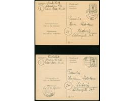 1945, Britische Zone Behelfsausgaben: 2 Ganzsachen RPD Schwerin prepaid 6 Pfg. bezahlt, Stempel SCHWERIN 30.8.45 und LÜBECK 1