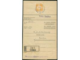 1942, Einschreiben Rückschein mit EF 5 K dunkelgelblichorange von Prag nach Revnice, Marke und R-Zettel mit Gummispuren, anso