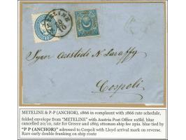 1866, Ship mail: folded envelope from Aivali to Constantinople. Turkey Duloz issue 2 pia. blue tied by boxed ‘P.P. (Anchor)’ 