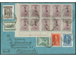 1933, Macedonian 20 L violet in corner margin block block of ten with margin imprint tied to postcard with text from a travel