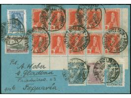1933, Greek woman from the Dodecanese 10 L vermilion corner margin block of ten tied to postcard with text from a traveller, 