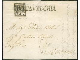1852, 5 baj. on pink, full margins, tied to envelope by ‘CIVITAVECCHIA’ oneliner in black, on reverse arrival postmark ‘LIVOR