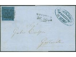1854, 40 c blue, full margins with dividing line at right, tied to envelope by mute REGGIO mark to Gallarate with arrival pos