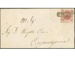 1864, 2 gr deep carmine, full margins, tied to envelope from Naples, by boxed “ANNULATO” to Casamassima with transit postmark