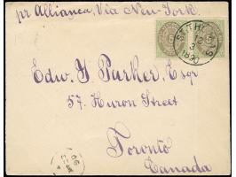 1876/93, 5c green &amp; grey, horizontal pair, tied to cover from St. Thomas , endorsed “pr. Allianca, via New York”, to Toro