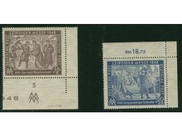1948, Leipziger Herbstmesse 16 und 50 Pfg. je mit Borkengummierung, dabei 16 Pfg. aus der rechten unteren Bogenecke mit Druck