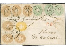 1866, Briefhülle von Wien nach Rom. Kriegsbedingt war eine Beförderung über Österreich nicht möglich; rückseitig errechnete d