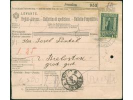 1913, 10 Pia grün auf gelblich auf Paket-Begleitadresse der österreichischen Levante von JERUSALEM über Triest nach Russland,