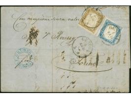 1862, 10 c. olive-brown and 20 c. blue, each slightly touched on one side tied to parcel letter “Con campioni senza valor” (c