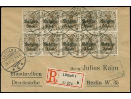 3 Cent. auf 3 Pfg., 10 Stück in Einheiten, alle mit Zwischenraum 1,0 mm, mit sauberen Stempeln "LÜTTICH 19.11.17" auf leicht 