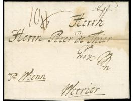 1768, "Caschau", handschriftlicher Aufgabevermerk auf komplettem Faltbrief nach Verviers, Belgien, Porto von "6" Kreuzern in 