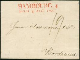 1807, HAMBOURG 4, B.G.D., großer roter L2 klar auf Kabinettbrief nach Bordeaux, tadellos. (Hb. 1349-20)
