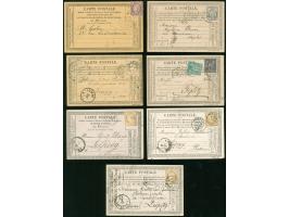1876, six pre-printed postcards (No. 25A) bearing Ceres 15 c. and Allegorie frankings, one cancelled on backside “Association