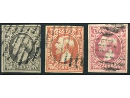 1852, William III three stamps 10 c. grey-black und 1 sgr. red-brown and carminrose, each clear cancelled, fine trio.
