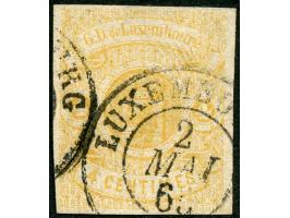 1859, Coat of Arms 4 c yellow, good to wide margins, clear cancelled LUXEMBOURG 2/MAI 65, fine.
