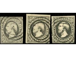 1852, 10 c. black, grey-black and deep black, three shades, clear to good margins, each cancelled by distinctive three ring c