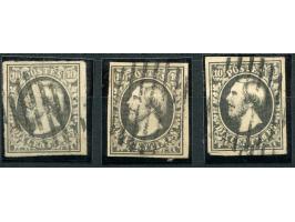 1852, 10 c. black, grey-black and deep black, three shades, clear to good margins, each cancelled by barred cancel, fine trio