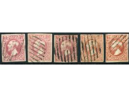 1852, 1 Sgr. red-brown to carmine-rose, five shades, clear to good margins, each cancelled by barred cancel, fine and attract