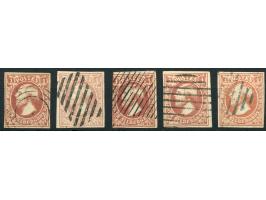 1852, 1 Sgr. red-brown to carmine-rose, five shades, closed to good margins, each cancelled by different barred and circle ca