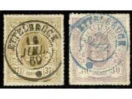 1865/72, Coat of Arms 30 c. dull lilac and 37½  c. yellowish-brown, rouletted in colour, clear blue and black strikes of Ette