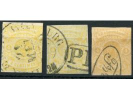 1859, Coat of Arms three stamps 4 c. yellow, good to wide margins, clear good cancellations, fine.
