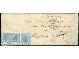 1862, Coat of Arms strip of four 10 c. blue tied to envelope by barred mark, PD and ECHTERNACH 7/III/1862 cds. alongside, sec