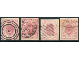 1859, four stamps 12½ c. rose, mainly good to wide margins, showing different cancellations, fine.
