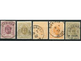 1865/75, Coat of Arms set of 5 stamps up to 40 c. orange and UN FRANC on 37½ c., mainly good rouletted and fresh colours, cle
