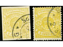 1875, Coat of Arms 5 c. greenish-yellow with good perfs and 5 c. olive-yellow imperf, both fresh colours and clear part cance