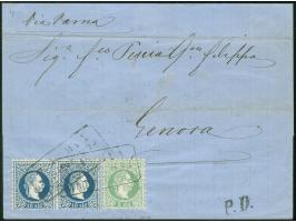 1875, "LETTERE ARIVATE PER MARE VARNA 12/5 75", Ra3 auf 30 So. grün und Paar 10 So. blau auf Briefhülle aus Konstantinopel na