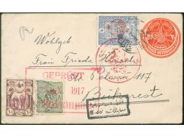 1917, Turkey 20 pa. red postal stationery envelope used uprated with 20 pa. blue and 10 pa green, performing 50 pa. rate plus