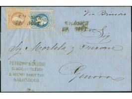 1871, 10 S blau und 15 S hellbraun, MiF auf Faltbriefhülle mit L2 SALONICH / 24.AOUT, hs. ‘via Brindisi’, rückseitig Transits