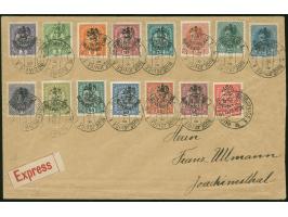 1918, Kaiserkrone 3 h. bis 1 k. und 15 h. bis 30 h. Karl I je mit Aufdruck "CESKO-SLOVENSKY STAT" auf Express-Sammlerbrief (R