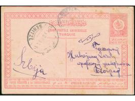 1910, "SENITZE 13.7.910" cds. (Coles-Walker no.39) clear on postal stationery card 20 para rose with transit USKUB cds. on re