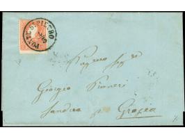 "PONTE ST. PIETRO 4/3" (1859), EKr., klar auf 1858, 5 Soldi, Type I, auf Briefhülle nach Grosio. Ein seltener Stempel. Signie